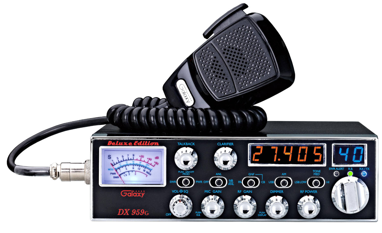 Galaxy DX959G AM/SSB Deluxe CB Radio - Orange and Blue Channel and Frequency Counter LED