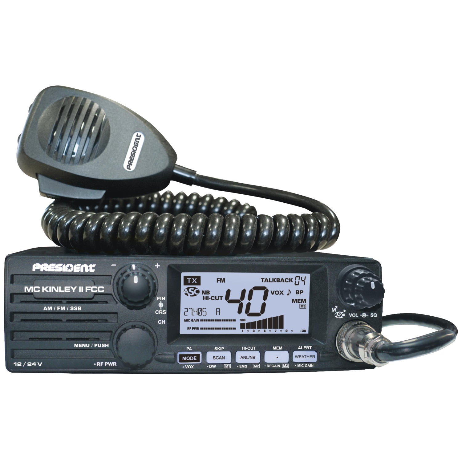 President McKinley Single Sideband and AM CB Radio with Front Mount Speaker, NOAA weather, Multi-color display *COMPACT*