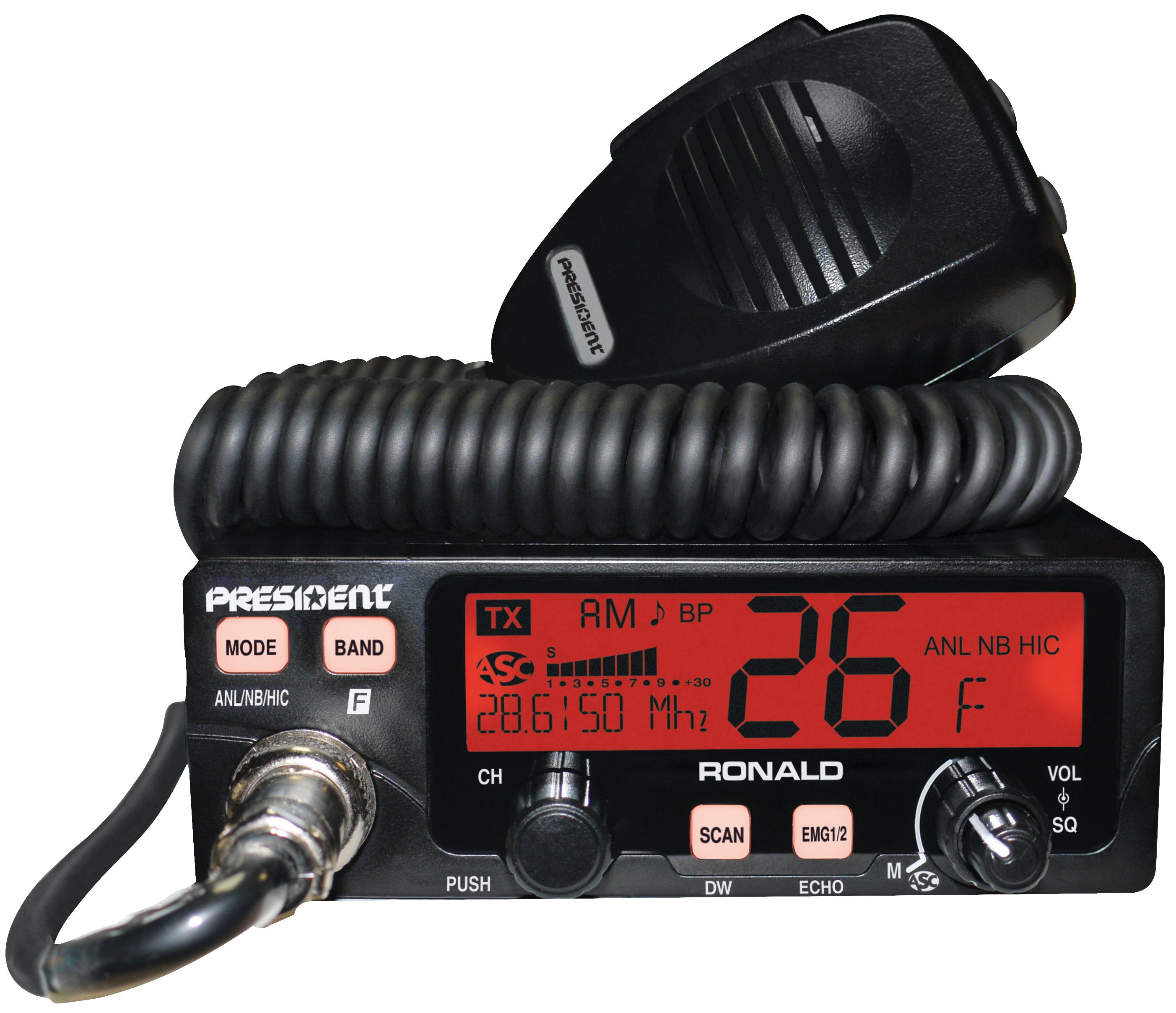 President Ronald Compact 50 Watt 10 Meter Radio with large Color Changing Display and SWR Meter