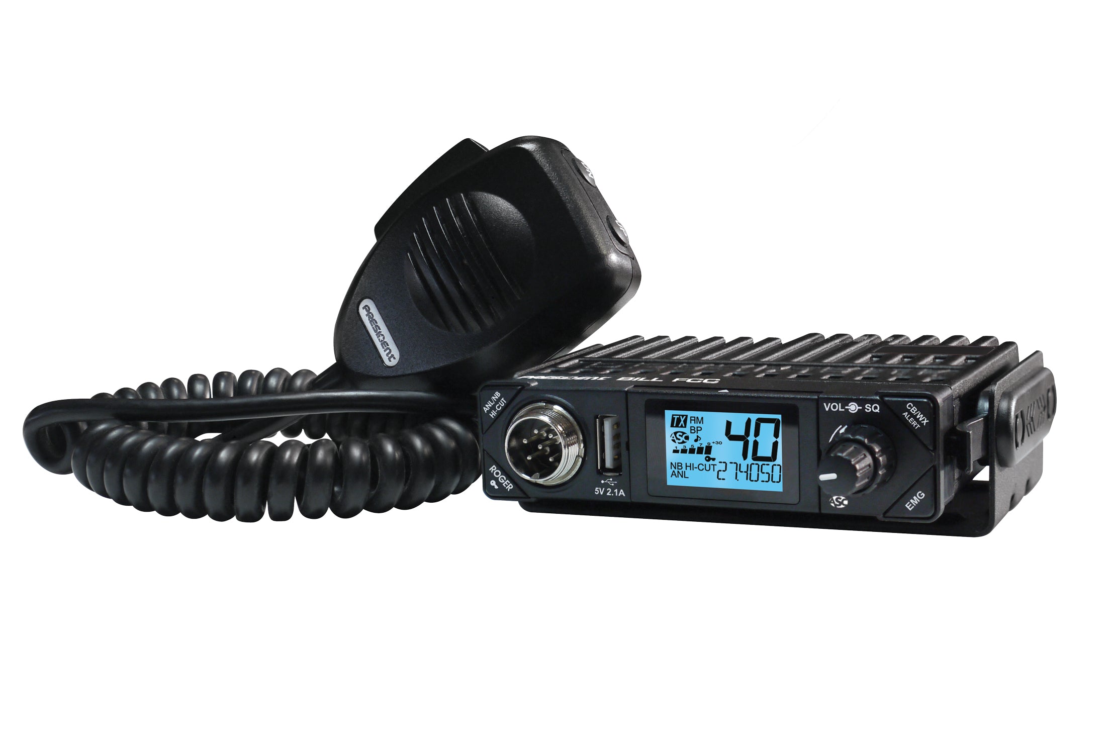 President Bill II FM Compact CB Radio with Weather and Front USB Jack for Phone Charging - the smallest FM CB around!